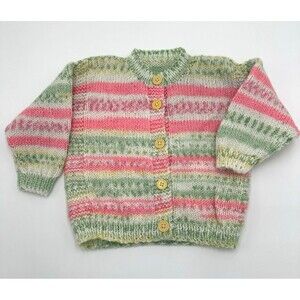 Vintage 1970s Hand Knit Baby Girls Cariegated Stripe Knit Cardigan Sweater
